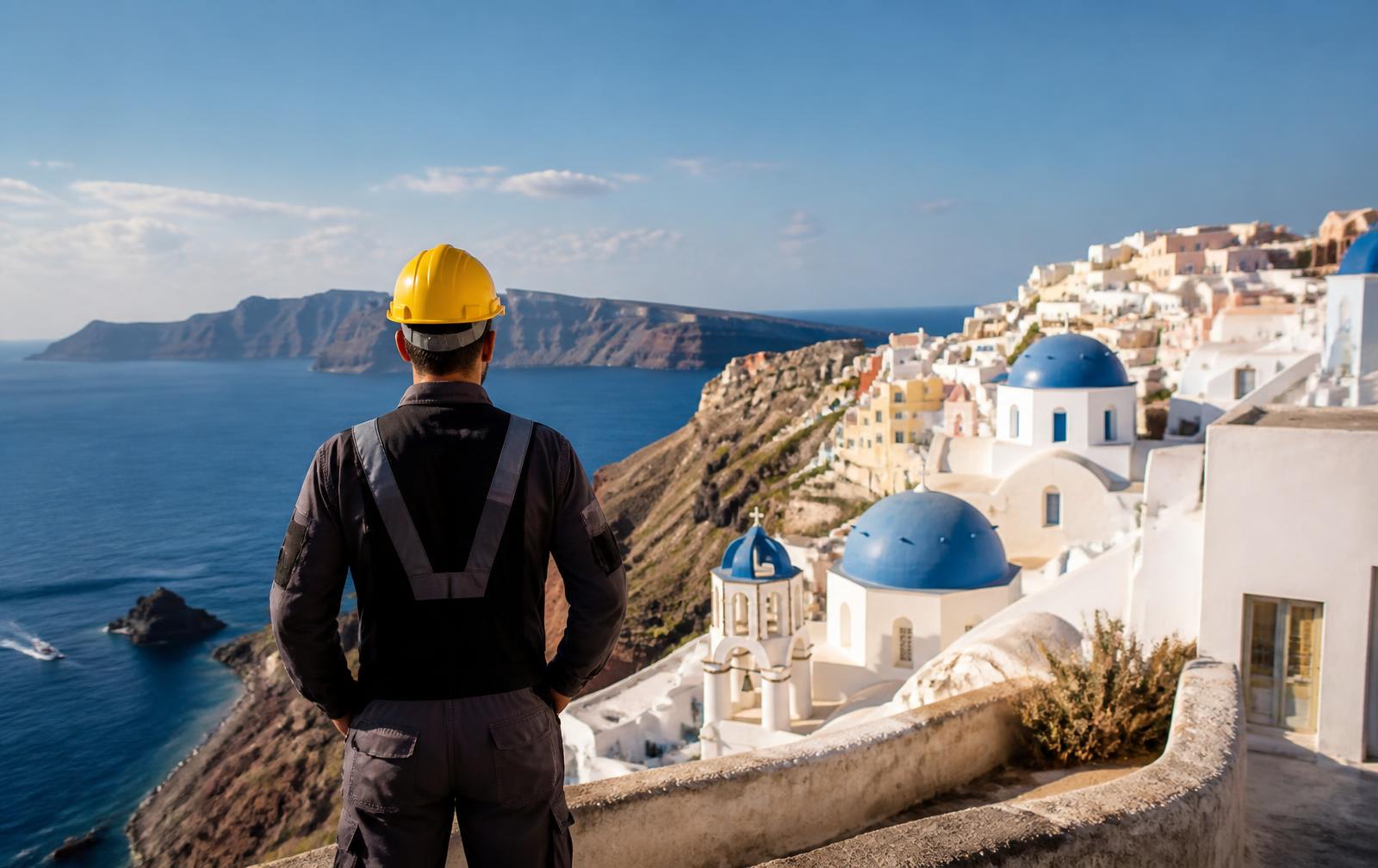 Construction worker in a yellow hard hat looking over a Greek island town